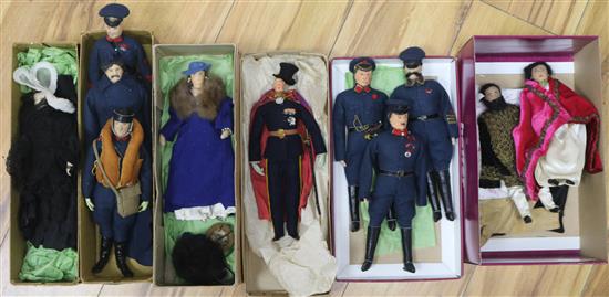 A collection of handmade fabric dolls, six military and five others, some with Liberty labels 1930s-40s